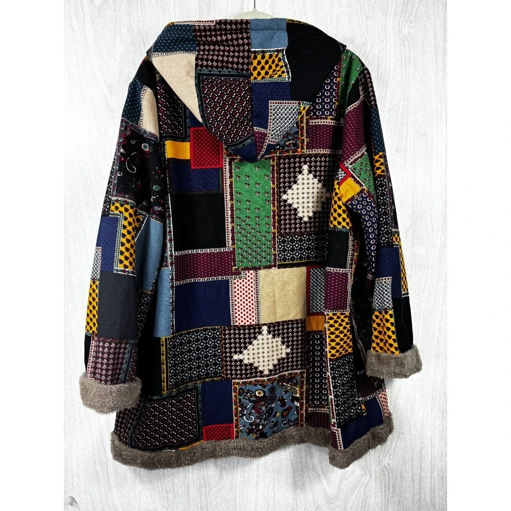 Vintage‎ Patchwork Sherpa Coat XL Oversized Hooded Boho Cozy Lined Jacket - Picture 3 of 8
